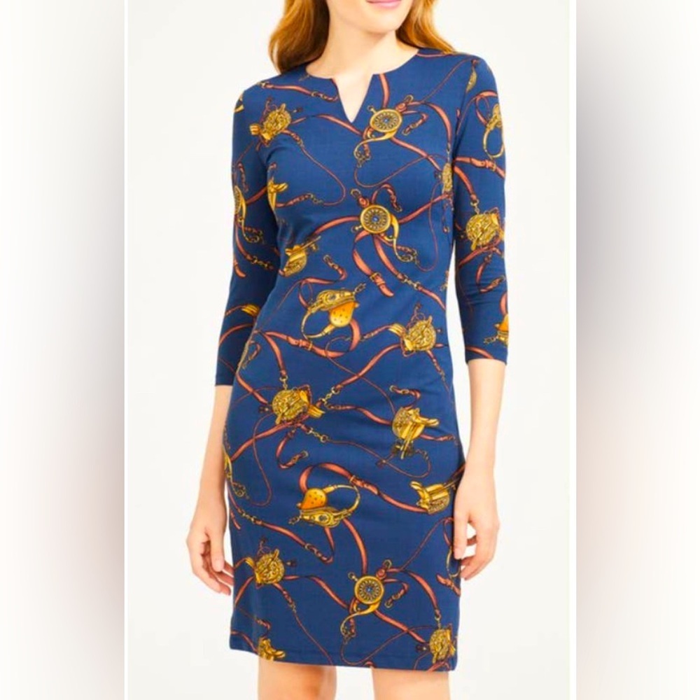 J. McLaughlin Carly 3/4 Sleeve Blue Equestrian‎ Print Dress - Small EUC